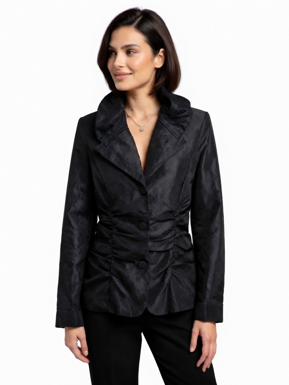 Black Women's Ruched Puffed Collar Button-Front Light Blazer Jacket Size 6